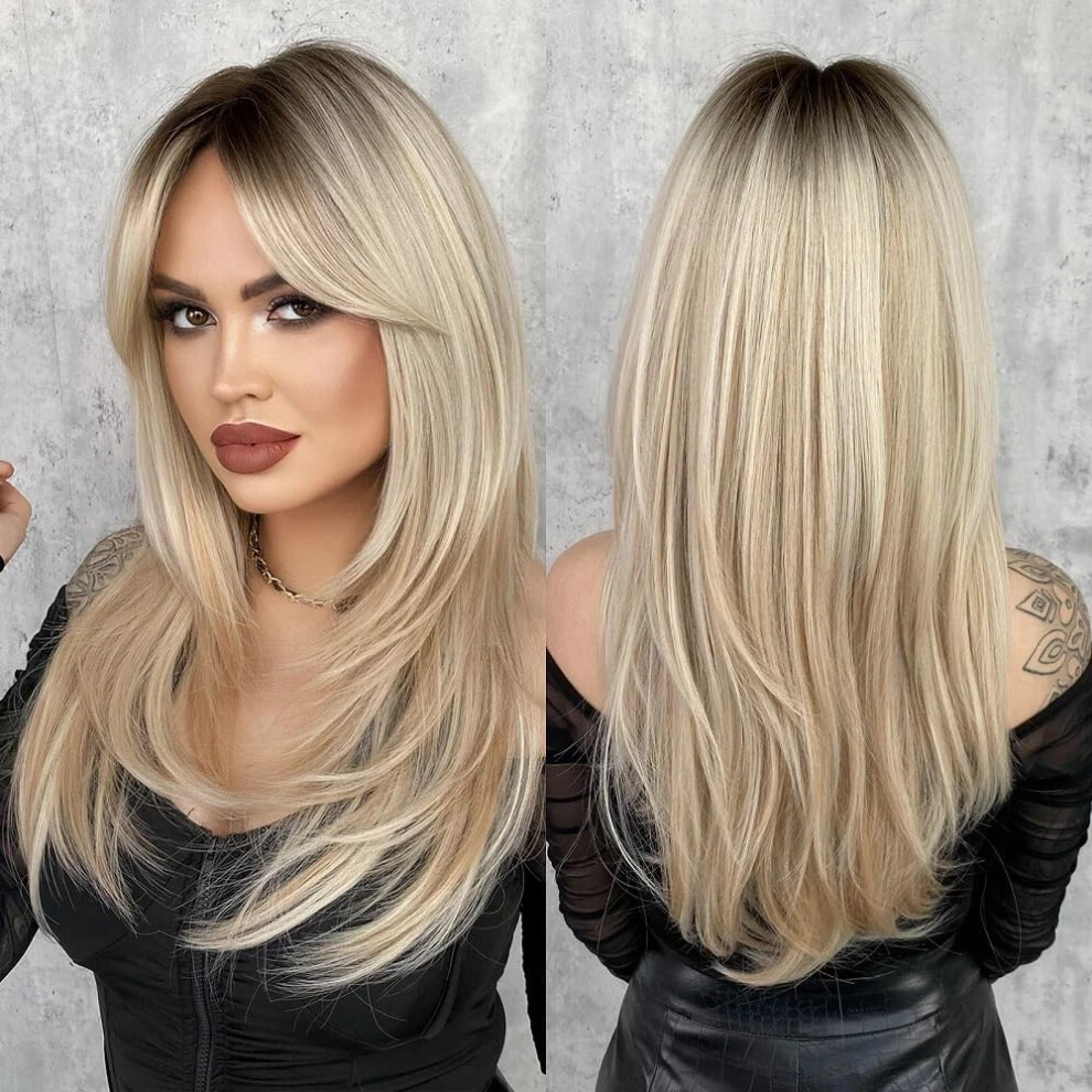 Long Straight Honey Blonde Synthetic Layered Wig for Women with Breathable Adjustable Cap