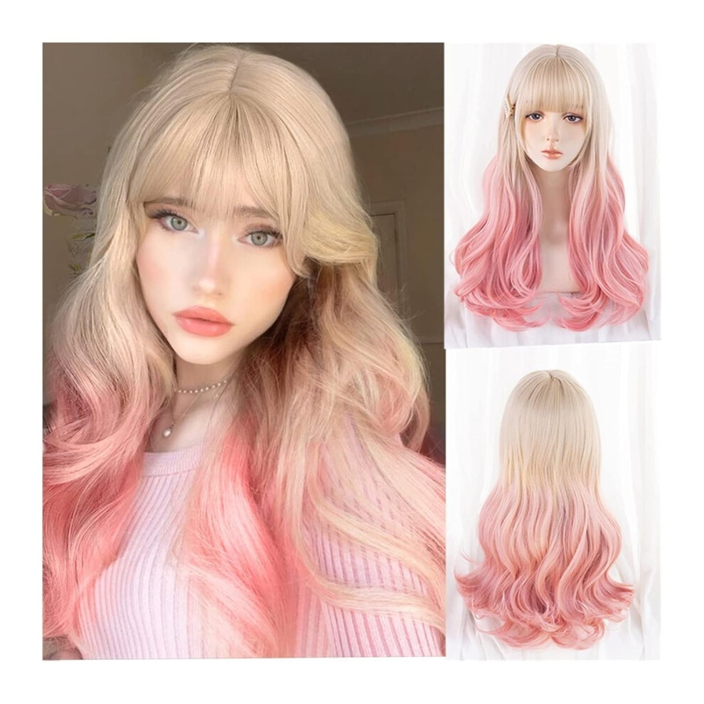 Unisex Pink Wig Long Wavy With Bangs, Natural Hairline Heat Resistant Synthetic Cosplay Wig For Women