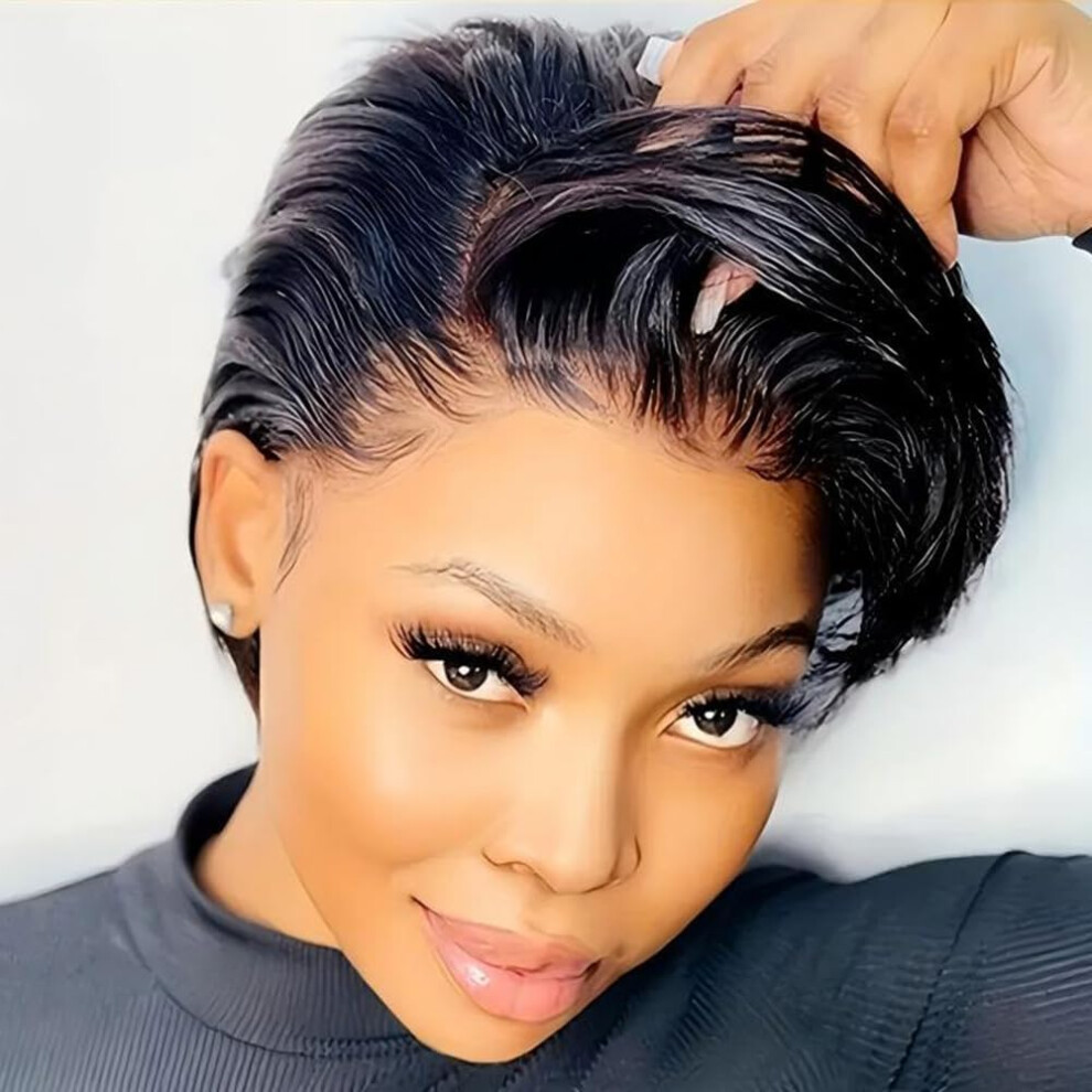 Unisex Black Human Hair Pixie Cut Wig 1B Color Short Lace Front Brazilian Remy Pre Plucked T Part Bob For Women