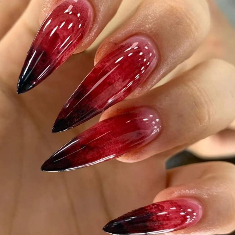 Black,Red Halloween Press On Nails 24Pcs Red Black Gradient Vampire Acrylic Stiletto False Nails For Women