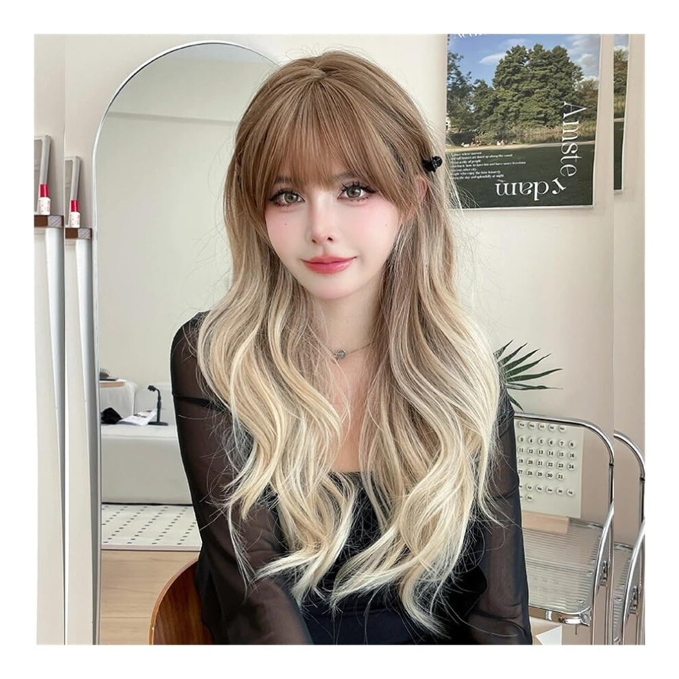 Dark Brown Wavy Wig for Women Long Synthetic Body Wave with Bangs  Density Layered Cut