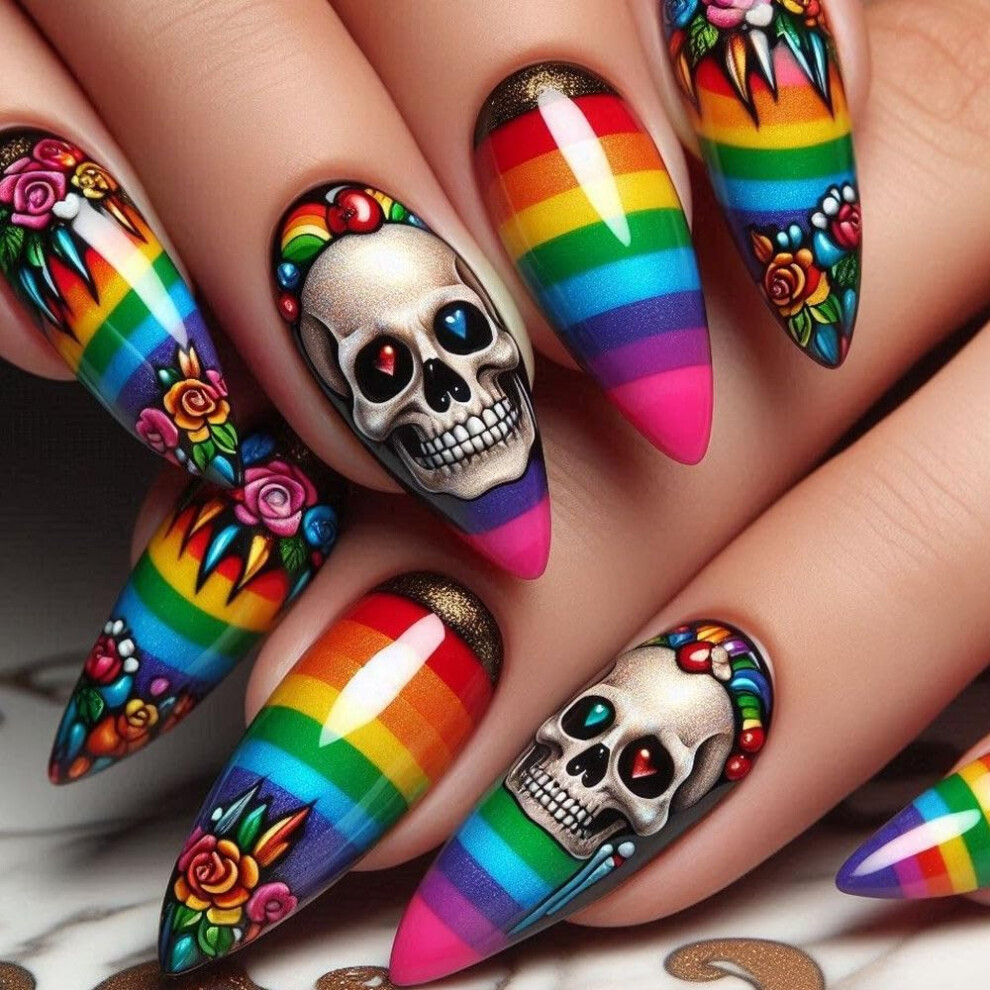 Halloween Press On Nails Set with Cute Rainbow and Skull Designs, Reusable Acrylic False Tips