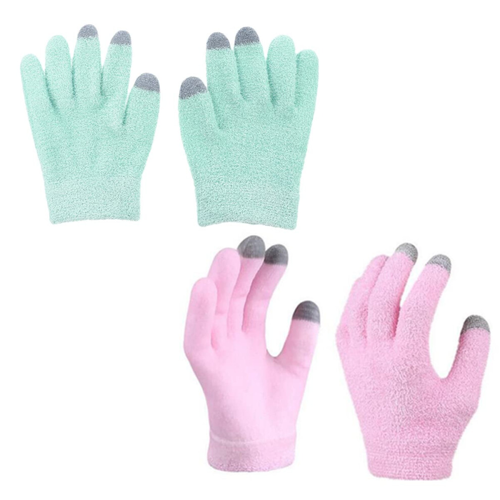 Pink/Green Moisturizing Gel Spa Gloves With Touchscreen Fingertips For Overnight Skin And 2 Pairs