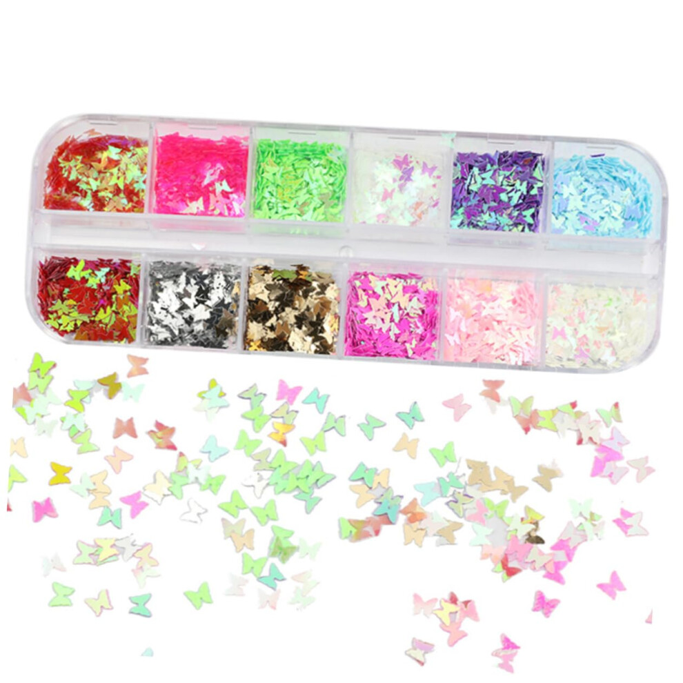 Nail Art Glitter and Makeup Glitter Set with 12 Vibrant Colors ButterflyShaped Sequins in Box