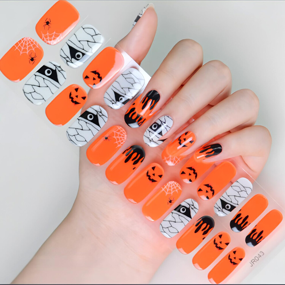Halloween Gel Nail Strips Luminous Semi Cured Stickers Spider Web Pumpkin UV LED Nail Art Set
