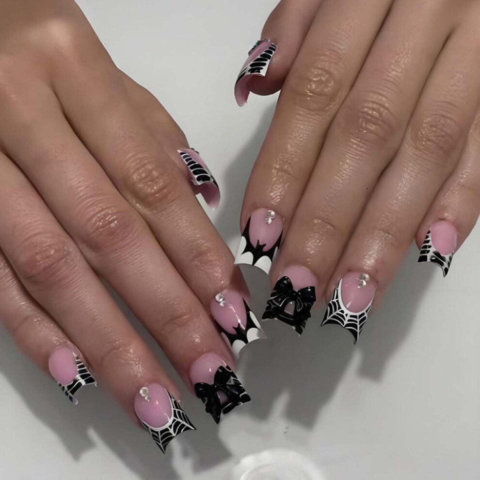 Halloween Press On Nails 24pcs Short Square Pink French Tip Cobweb Bow Fake Nails for Women