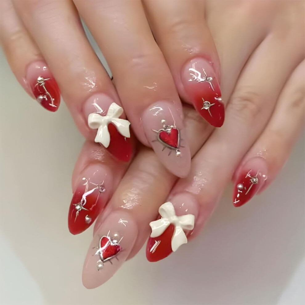 Valentine Almond Press On Nails Glossy Acrylic Fake Nails Set with GiftReady Packaging