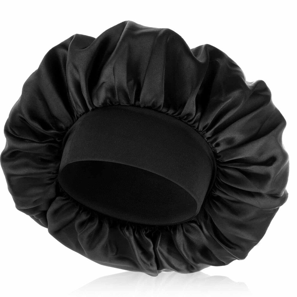 Unisex Black Silk Satin Bonnet Adjustable Wideband Sleep Cap For Curly Hair Antifrizz Hair Protection