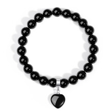 Pulseira Coração Preto, Pulseira com Contas de Pedras Preciosas Naturais de 8mm, Pulseira de Cristal de Cura para Presentes de Aniversário, Dia