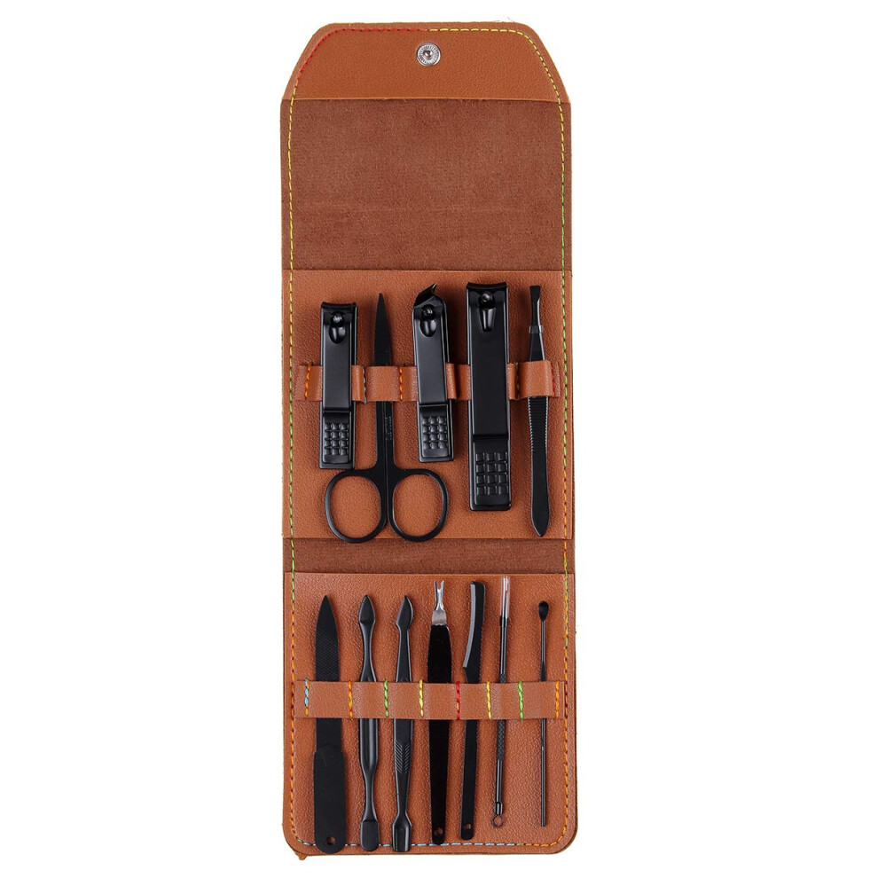 Brown Manicure Pedicure Set 12 Piece Professional Stainless Steel Nail Clipper Kit