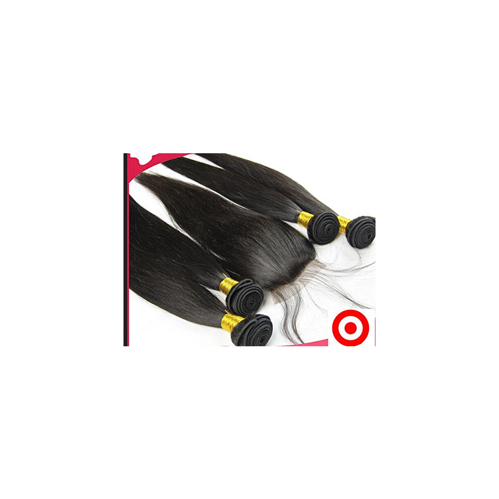 Unisex Cambodian Virgin Hair Bundles With 4X4 Lace Closure, 3Pcs Straight Weave Set Natural Color 1620'
