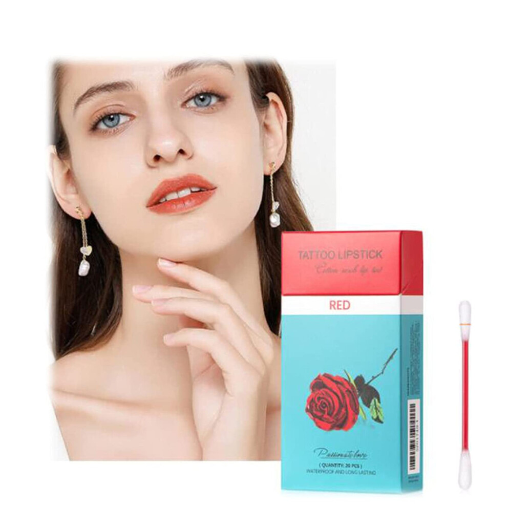 Red Lip Stain Cotton Swab Set 20Pcs, Long Lasting Waterproof Kiss Proof Lipstick Applicator,
