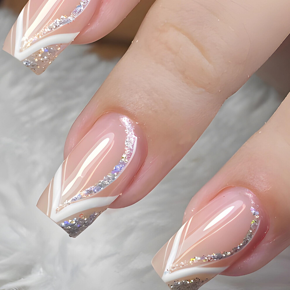 Nude Square Press On Nails Medium Acrylic Fake Nails with Silver Glitter French Tips 24pcs