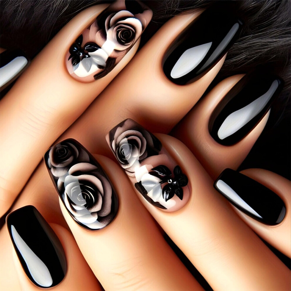 Short Coffin Press On Nails Black Glossy Rose Flower Design Reusable Salon Quality 24pcs