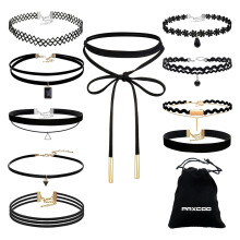 10 stk. choker-kjedesett, gotisk tatoverings-chokerkjede, svarte klassiske fløyelsstretch-kjeder, for kvinner og jenter