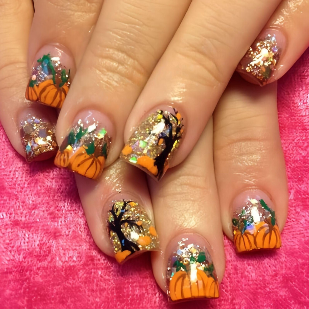 Gold Autumn Press On Nails Short Square Fake Nails With Maple Leaves Pumpkin Design Glitter 24Pcs