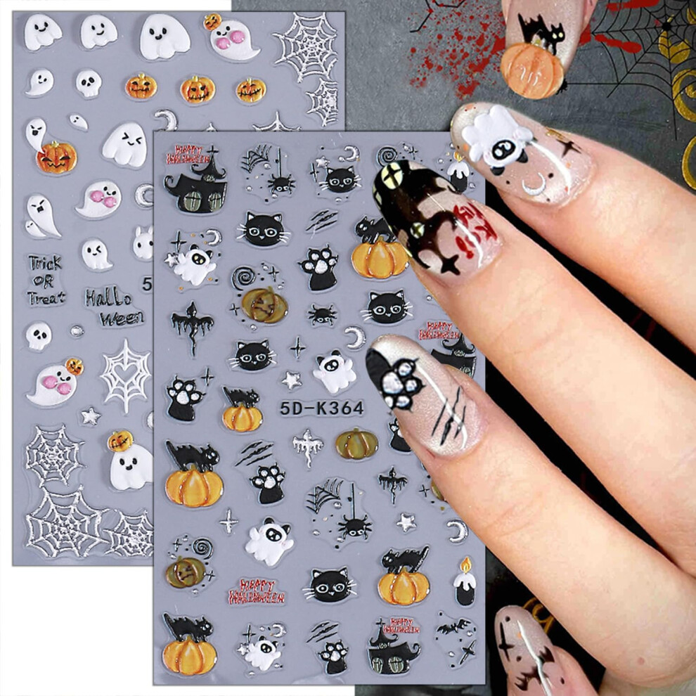 Black Halloween Nail Stickers 2 Sheets 5D Spider Web Ghost Pumpkin Cat Selfadhesive Nail Art Decals