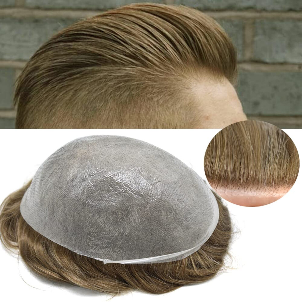 Unisex Dark Mens Toupee Ultra Thin Skin Vloop Human Hair Wig Natural Hairline Poly Hair System 8X10 Ash Blonde