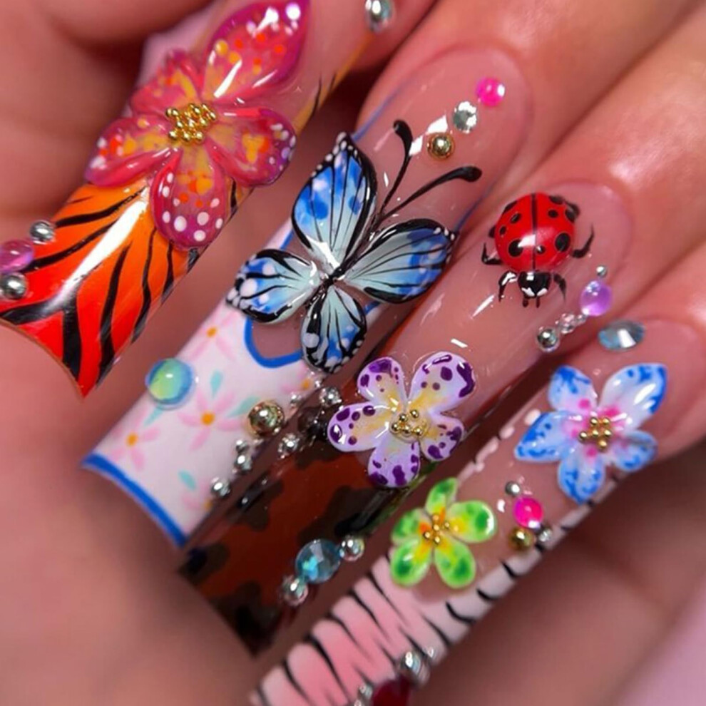 24pcs French Butterfly Coffin Press On Nails Set with Glue, Reusable Acrylic False Nails