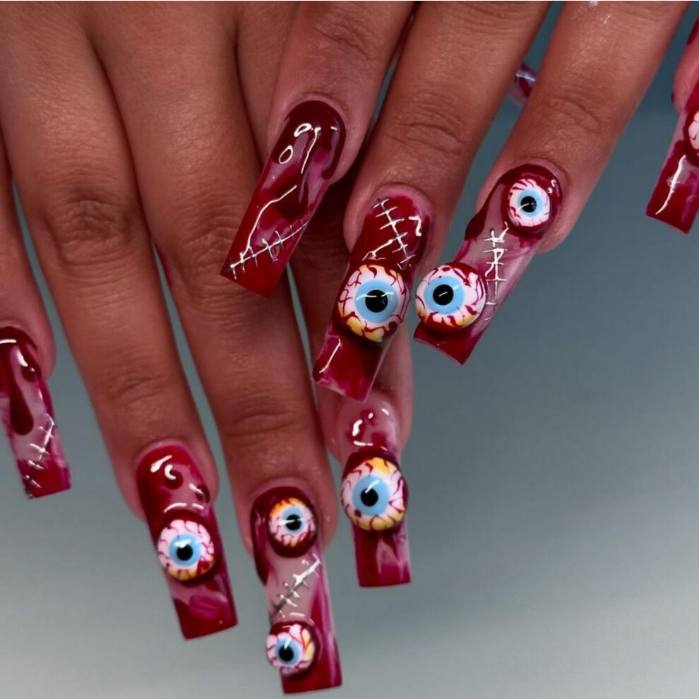Red Halloween Coffin Press On Nails Long Fake Nails With Glue Stickers Bloody Eyes 24Pcs