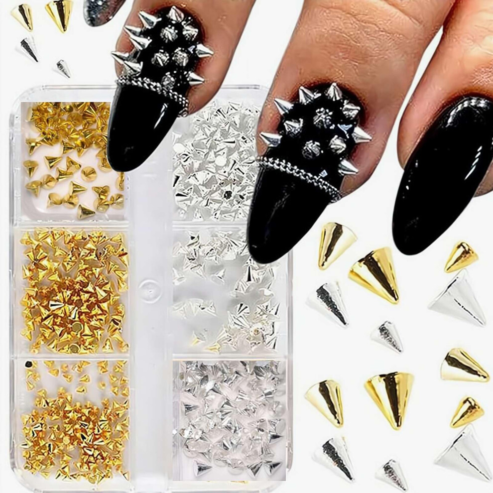 Punk Nail Art Metal Studs Set, Mixed Sizes Gold Silver Cone Spike Alloy Rivet Charms for DIY Manicure