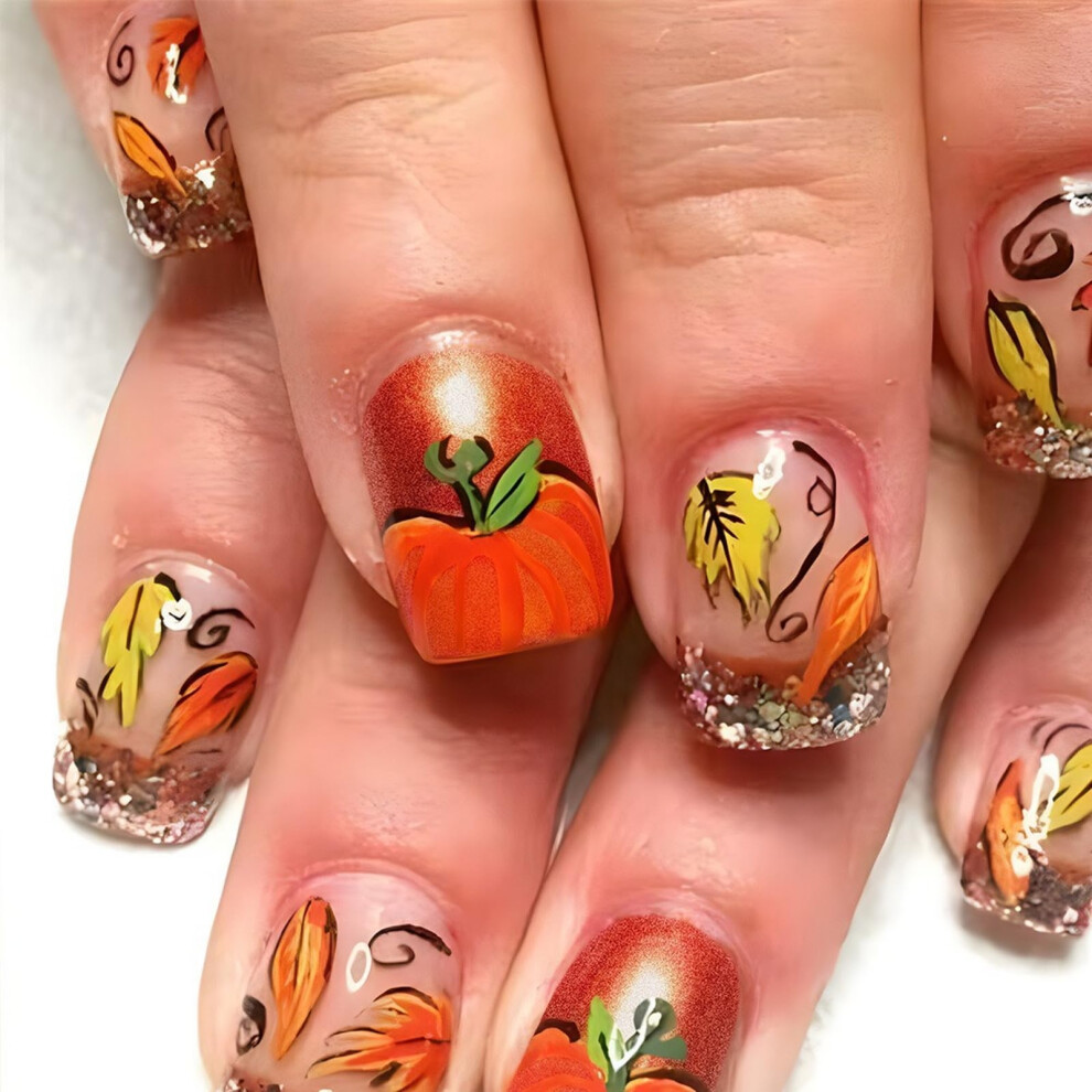 Short Square Press on Nails French Tip Fake Nails with Autumn Pumpkin Maple Leaf Designs 24pcs