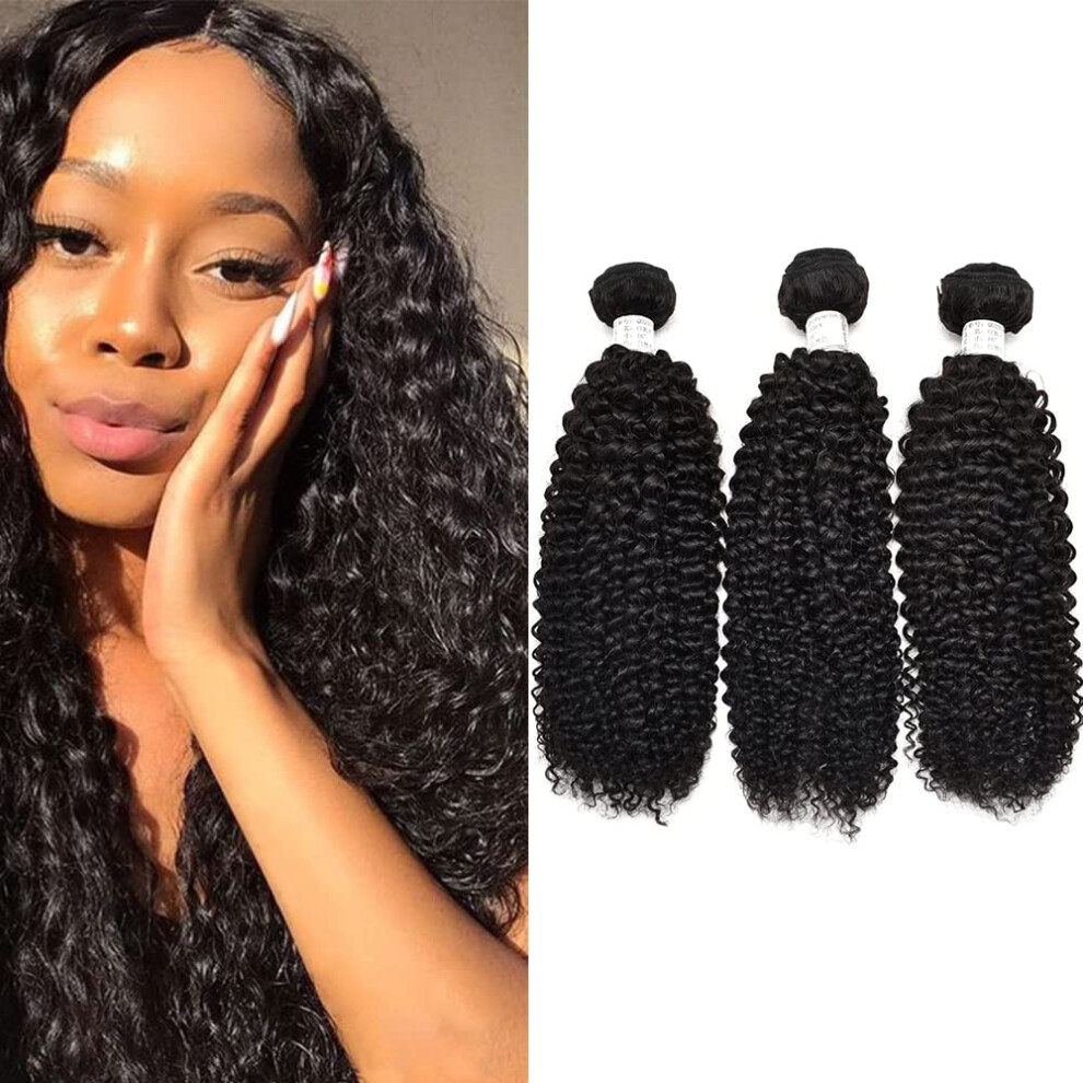 Unisex Brazilian Virgin Hair Bundles 10A Kinky Curly Human Hair Extensions Natural 1B Remy Double Weft 14