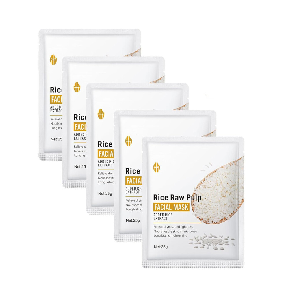 Rice Face Mask 5PC Set Hydrating and Brightening Rice Essence for Deep Nourishment and Gentle Care