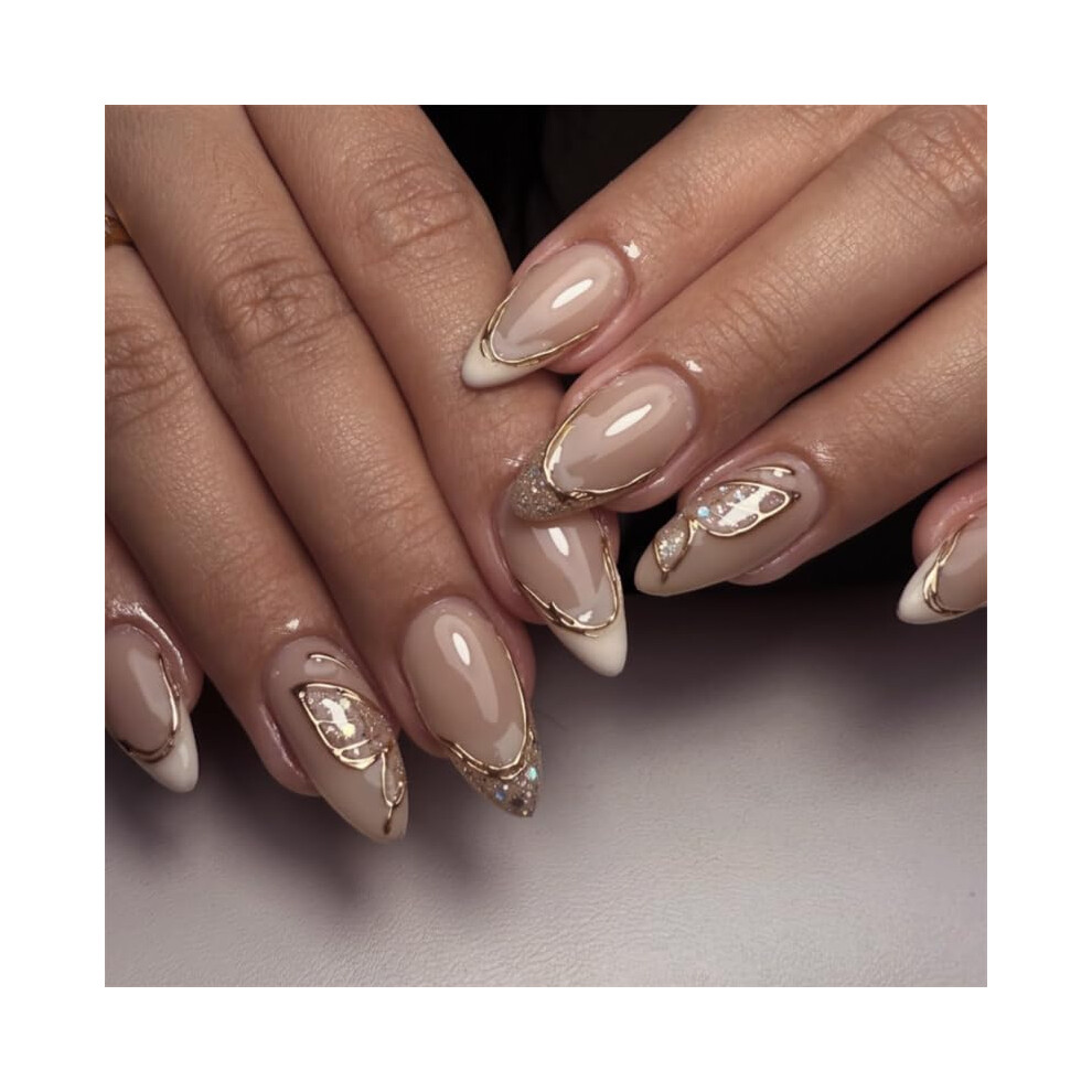 Medium Almond Press On Nails with 3D Gold Line French Tips and Butterfly Design Reusable Acrylic False Nails