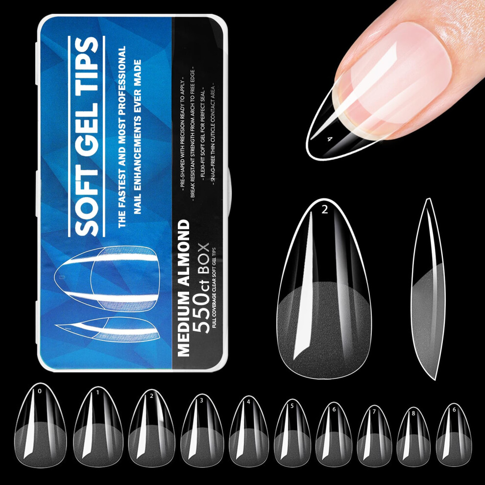 550PCS Short Almond Press On Nail Tips, Preshaped Soft Gel, Clear Full Cover for Nail Extension