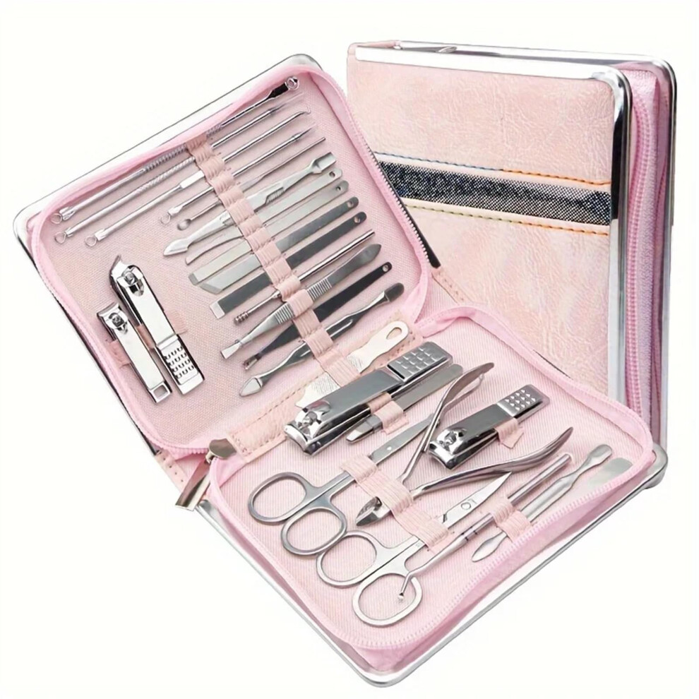 Pink Manicure Set 26 Piece Stainless Steel Nail Clippers Kit With Sharp Precision Blades And Compact Travel Case