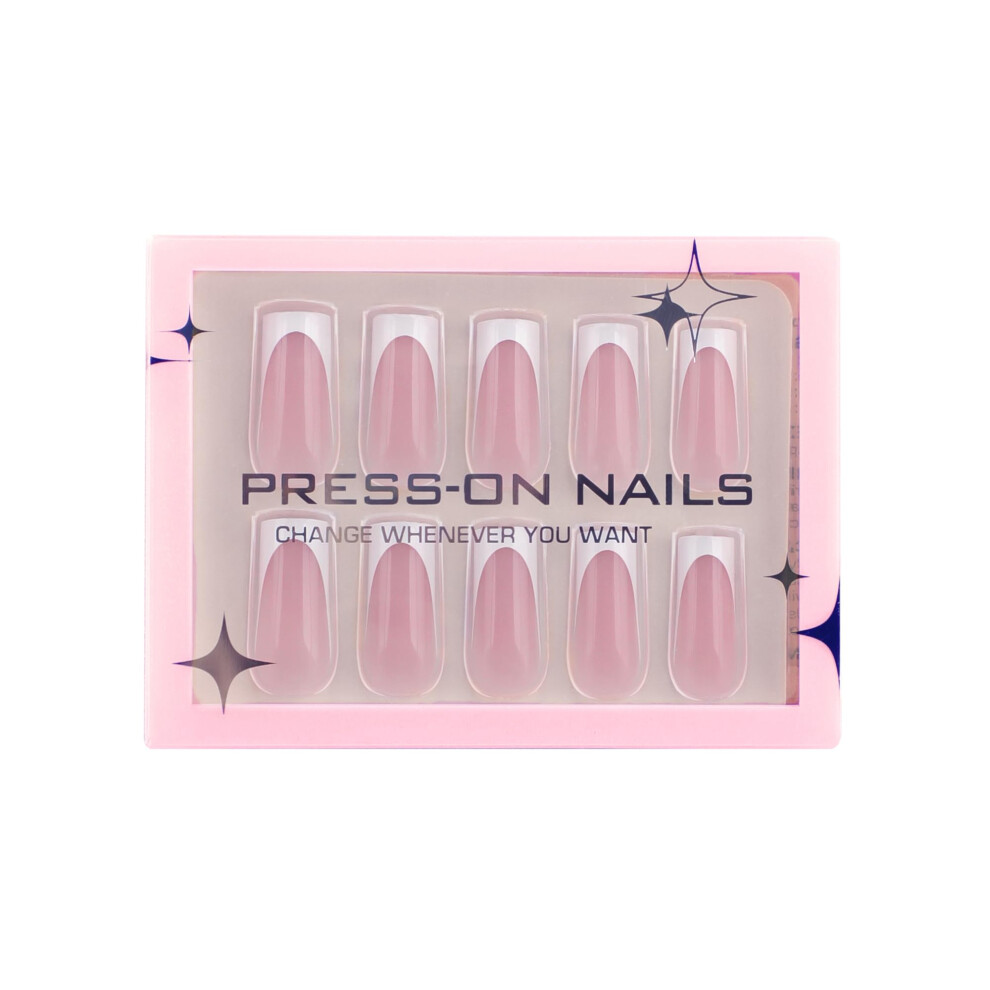 Pink Medium Square French Tip Press On Nails, 24pcs Instant Salon Manicure Set