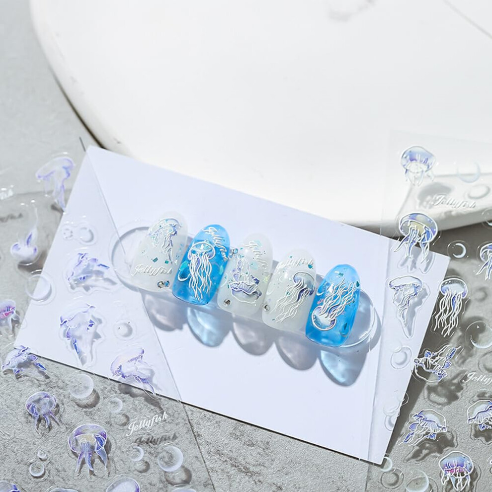 Blue Holographic Jellyfish Nail Art Stickers With Ocean Theme Design, And Transparent Decals