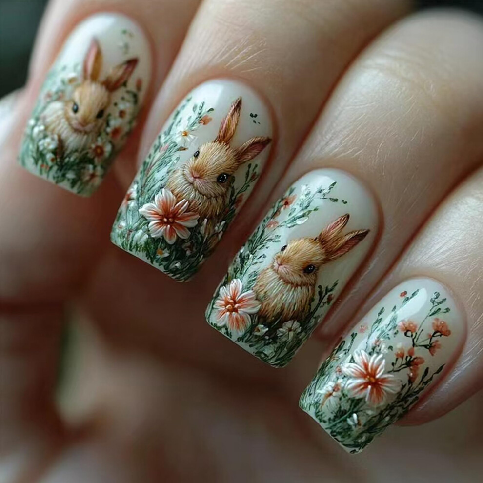 Easter Press On Nails Medium Square Fake Nails with Cute Bunny and Floral Design, Reusable 24Pcs