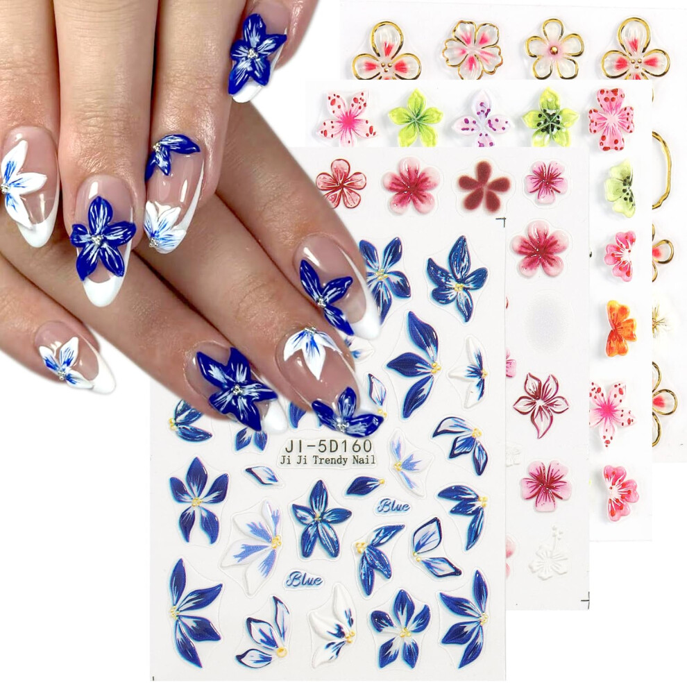 5D Nail Art Stickers with Realistic Embossed Flowers Cherry Blossom Lily Hibiscus 4 Sheets