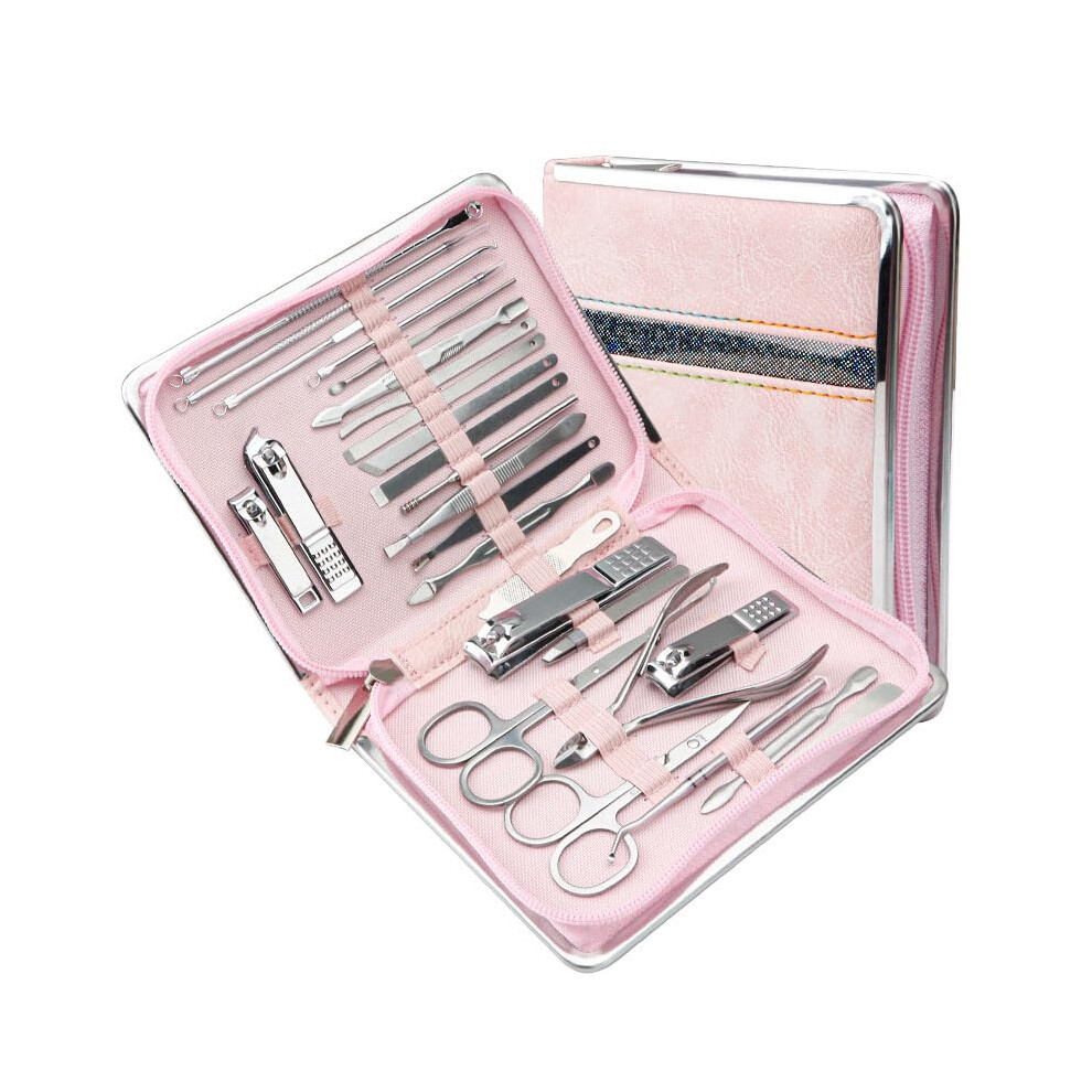 Pink Manicure Pedicure Kit 26 Piece Stainless Steel Nail Clippers Set With Case For Travel And Grooming