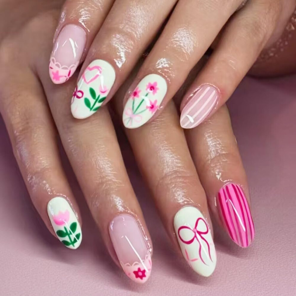 Almond Short Press On Nails Pink White Glitter French Tip Floral Acrylic False Nails 24PCS