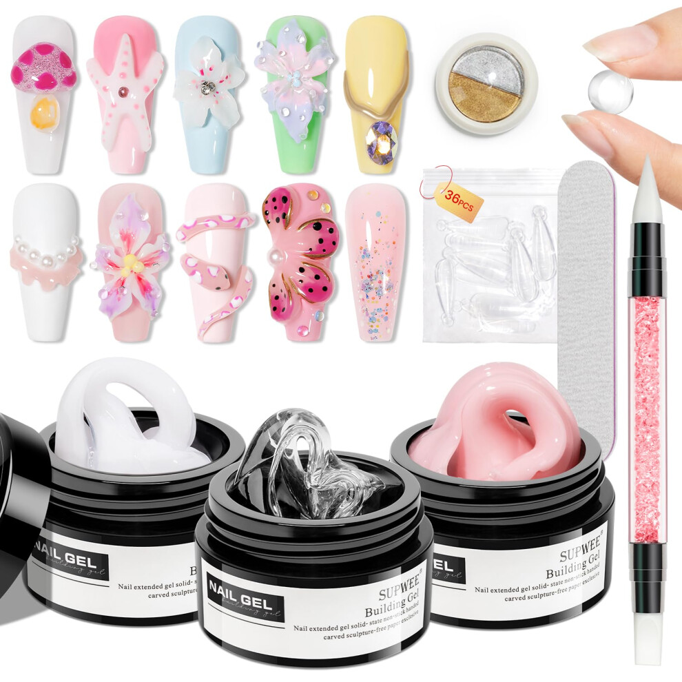 White,Cream Nail Extension Gel Kit Clear Nude White 3D Sculpting Builder Gel With Chrome Powder For Manicure
