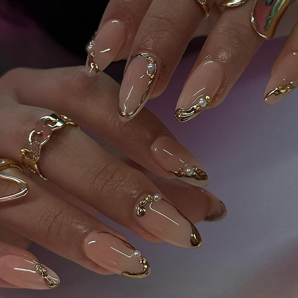 Gold French Tip Almond Press on Nails with Pearl Accent, Medium Length Glossy Fake Nails Z1017