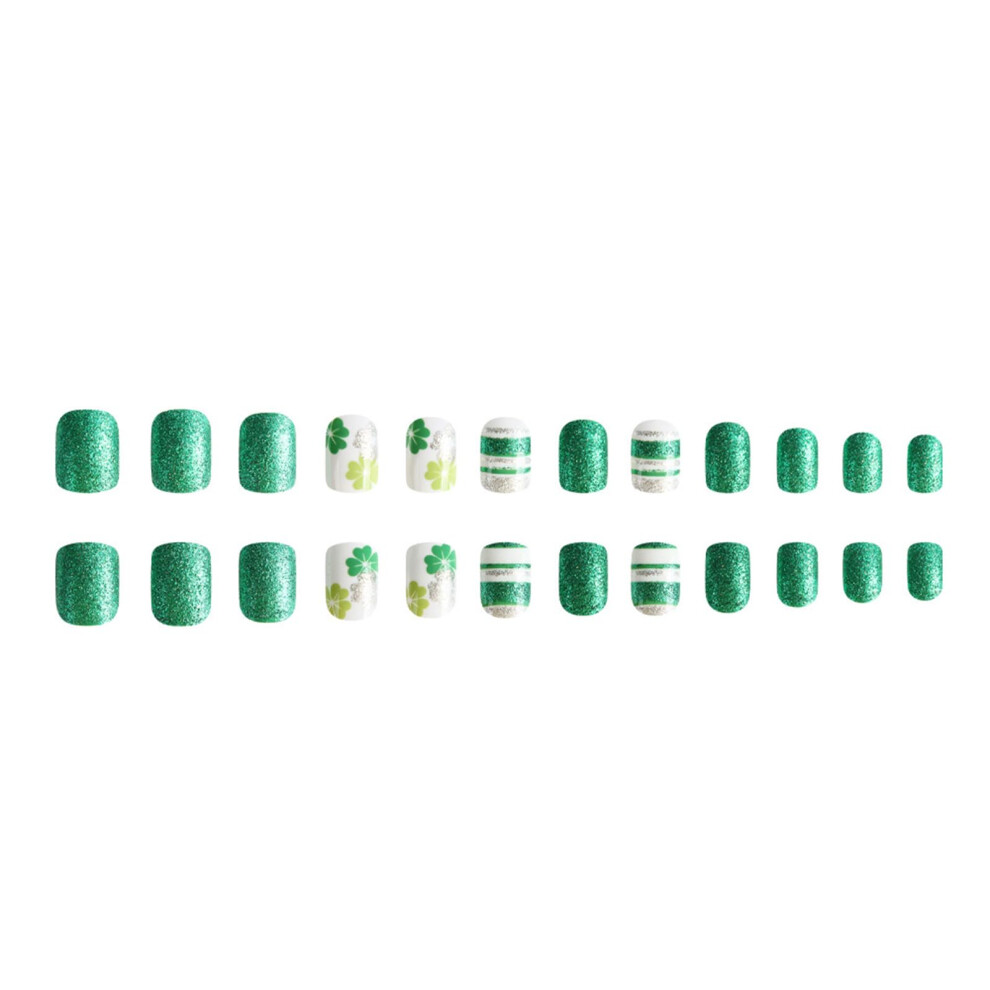 Green St Patrick's Day Press On Nails With Festive Shamrock Design, Clover Fake Nails For Women