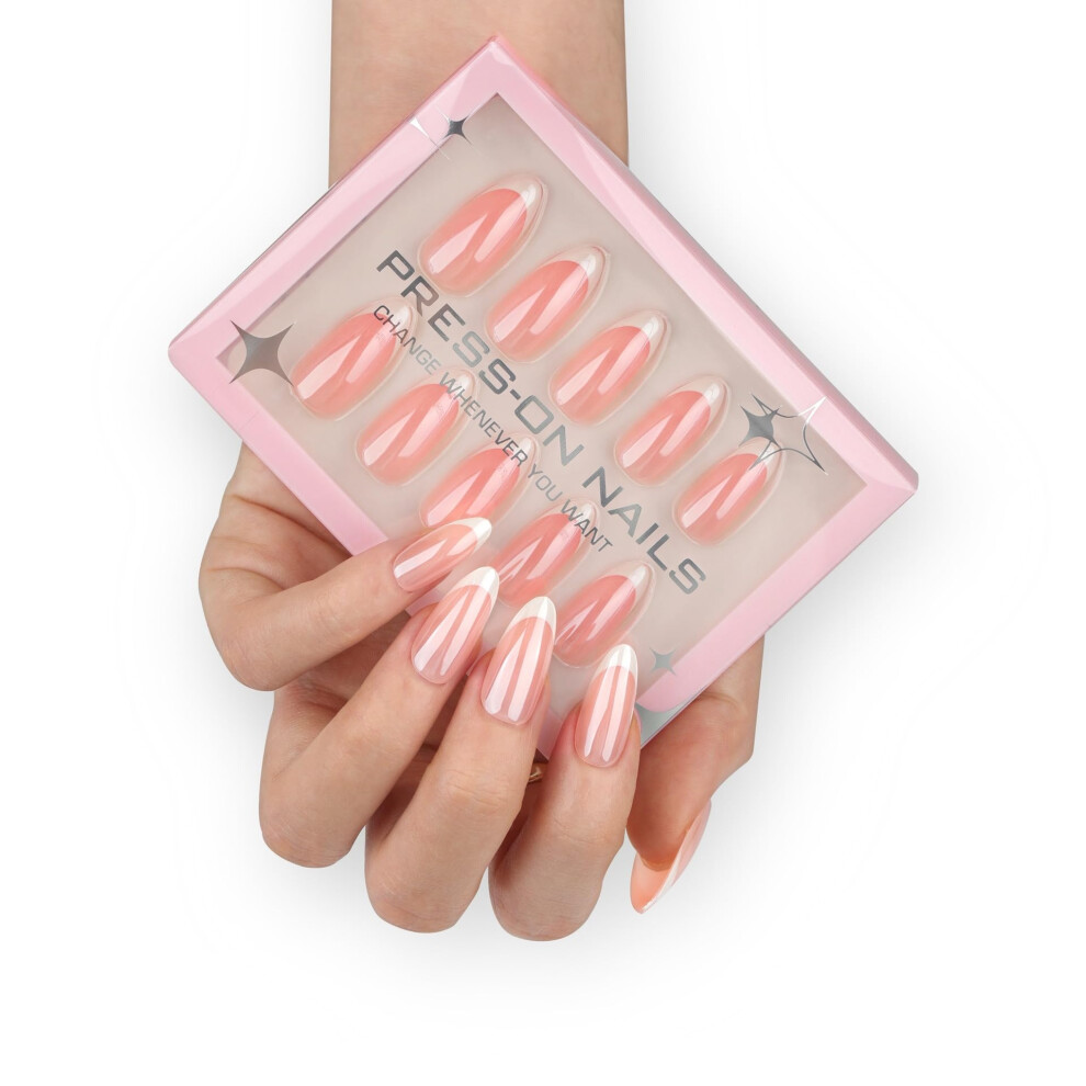 White Medium Almond French Tip Press On Nails Set, Reusable 30Pcs Salonquality Fake Nails