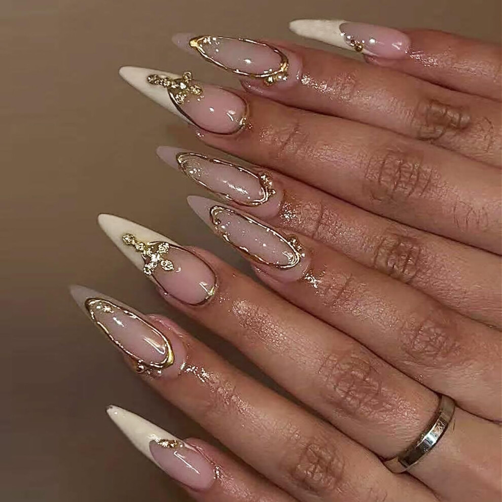 White,Cream,Gold White French Tip Press On Nails Long Almond Reusable With Glue Gold Rhinestone Nude Glossy 24Pcs