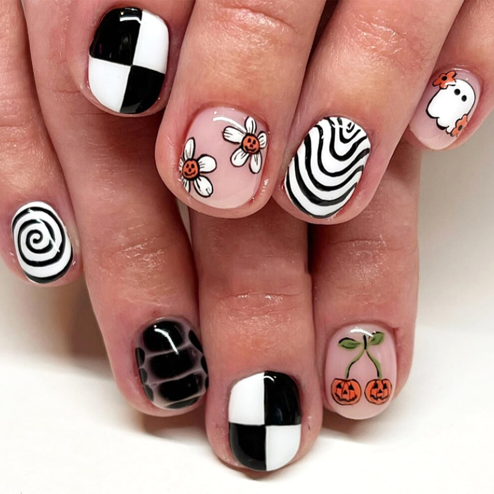 Halloween Press On Nails Short Square Acrylic 24pcs Cute Ghost and Pumpkin Fake Nails for Women