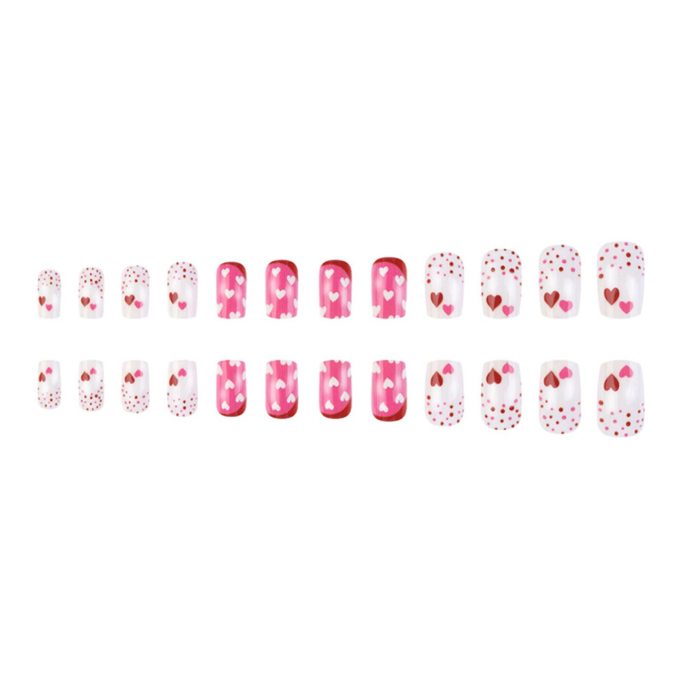 Valentine's Day Press On Nails Short Square Heart Polka Dot False Nails 24pcs LongLasting Wear