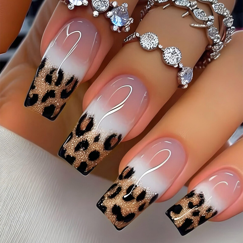 Golden 24Pcs Glitter Leopard Print Press On Nails Acrylic Full Cover False Nails For Women