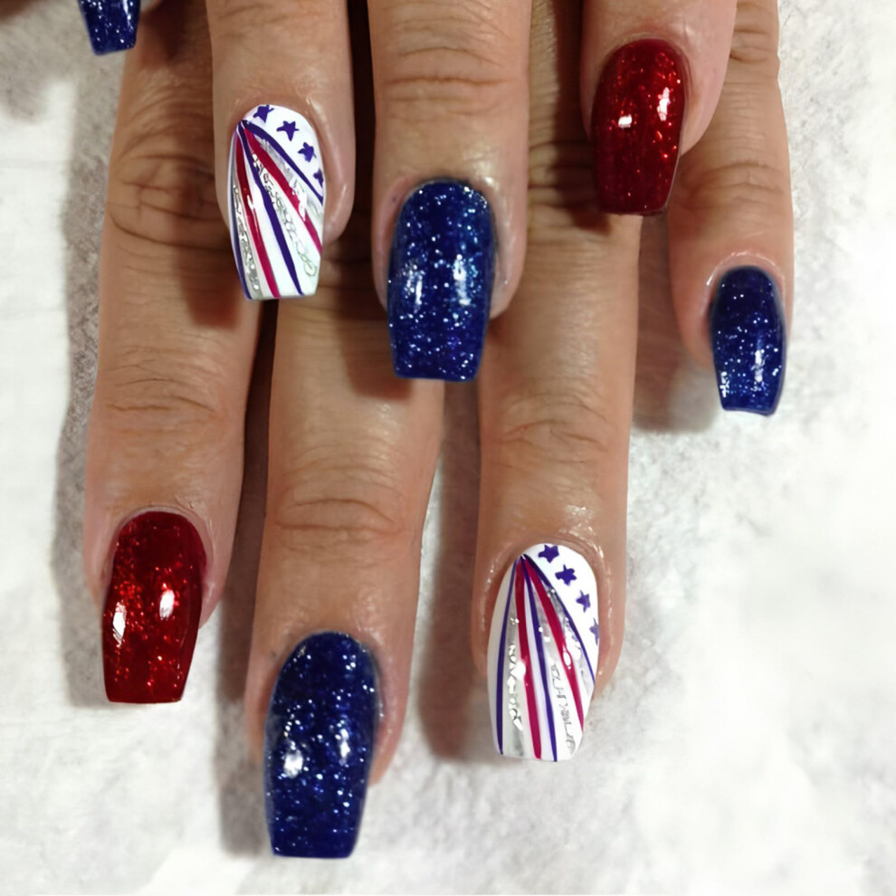 Independence Day Press On Nails Almond False Nails with Glitter Star Design, 24pcs Acrylic Set