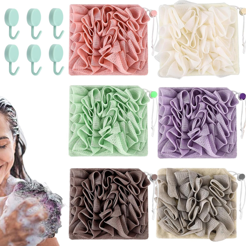 6Pcs Bath Loofah Sponge Set, 2 in 1 Washcloth Combo for Gentle Exfoliating Shower Pouf Body Cleansing