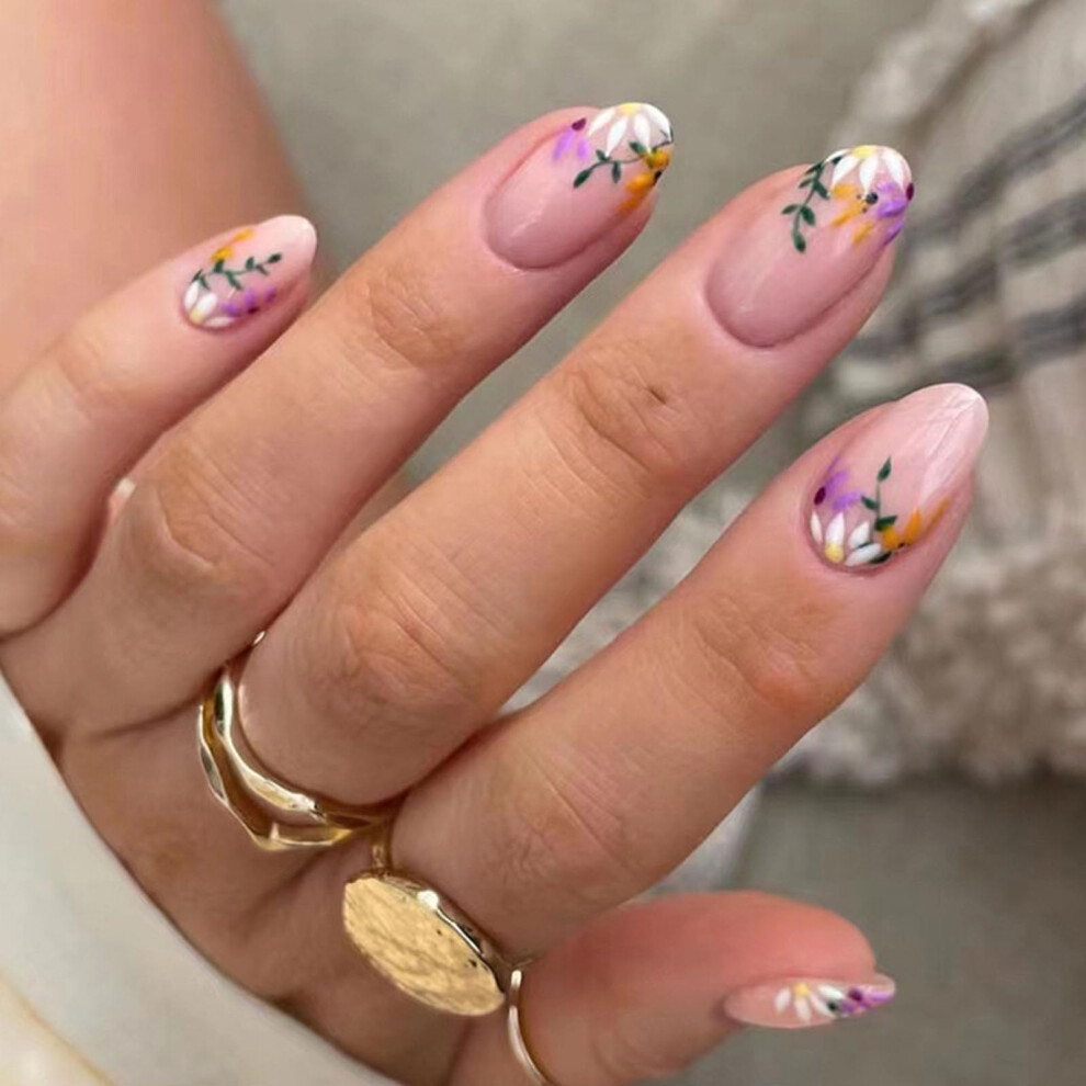 Short Oval Press on Nails with Floral Glossy Finish Nude Acrylic Fake Nails for Women 24Pcs