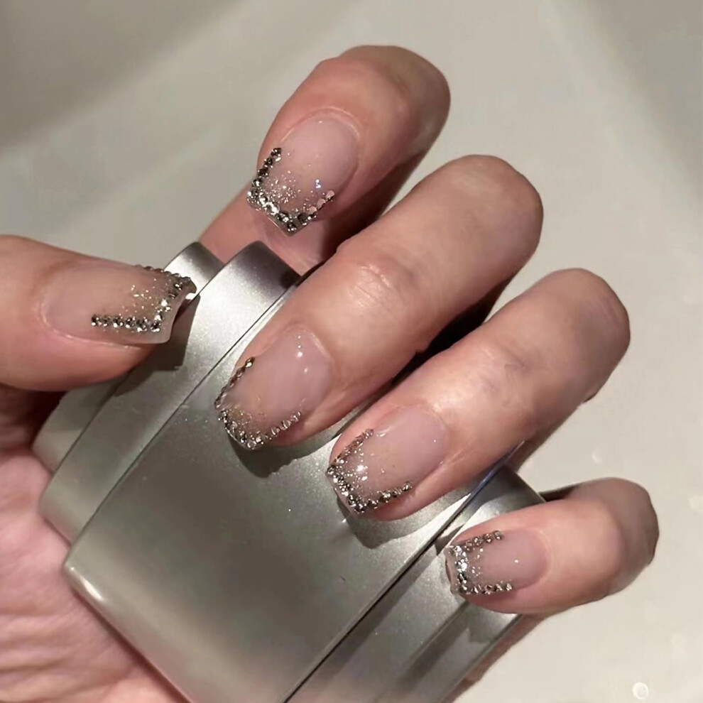Grey Ombre Press On Nails Medium Square With Rhinestones Glitter Acrylic Fake Nails 24Pcs