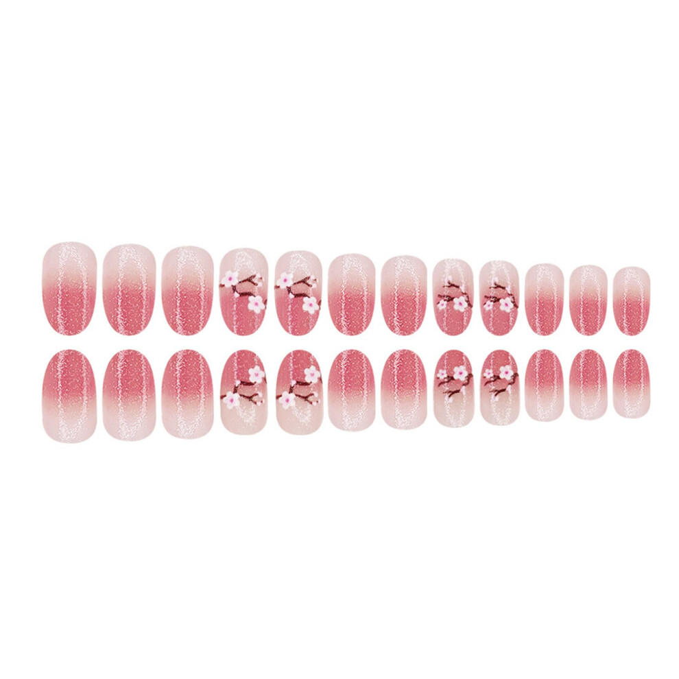 24 Pcs Short Round Press On Nails Peach Blossom Design with Glitter Full Coverage Reusable Fake Nails